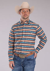 Roper Brown with Stripes Men's Mini Aztec Horizonal Stripm Men's Collared Longsleeve Snap Shirt 0300100670477BR