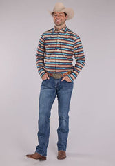Roper Brown with Stripes Men's Mini Aztec Horizonal Stripm Men's Collared Longsleeve Snap Shirt 0300100670477BR